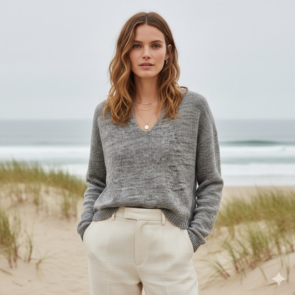 Vince Linen Viscose V Neck Marled Knit Sweater Gray Womens‎ M Neutral Capsule - Picture 7 of 7